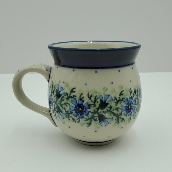 Polish Pottery Dotted Violet Bubble Mugs Blue Flowers & Dots Round Mugs - Picture 9 of 10